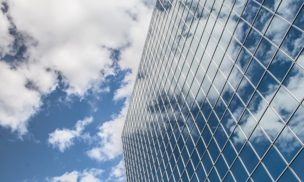 building, reflection, clouds